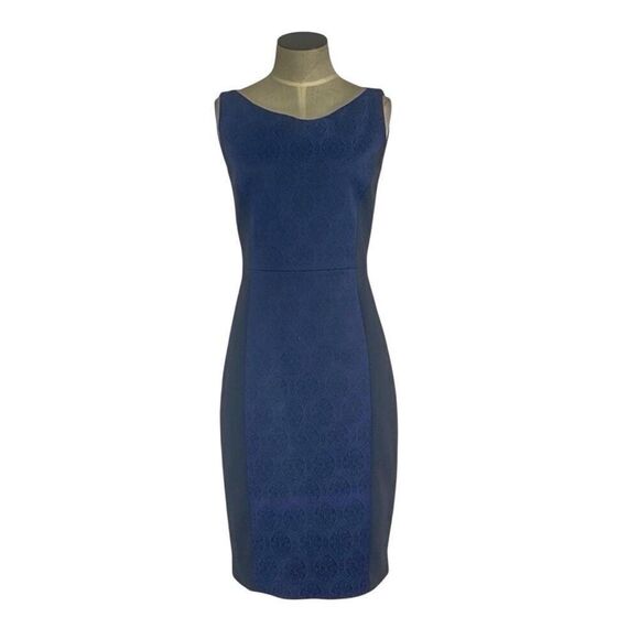 Tahari 2 XS Pencil Dress Navy Brocade Black Career Cocktail Evening Midi - Picture 1 of 12